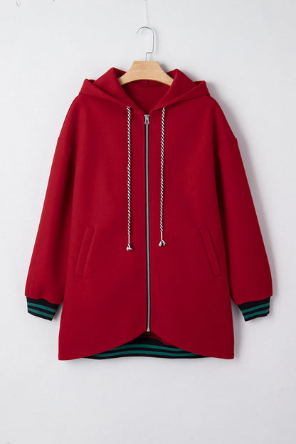 Contrast Cuffed Drop Shoulder Zip up Tunic Hoodie