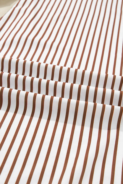 Brown Stripe Contrast Leopard Patchwork Long Shirt Dress with Slits