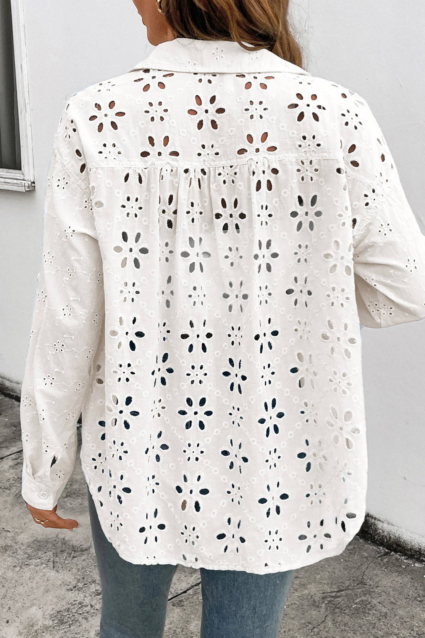 Solid Eyelet Flower Pattern Button Down Loose Shirt