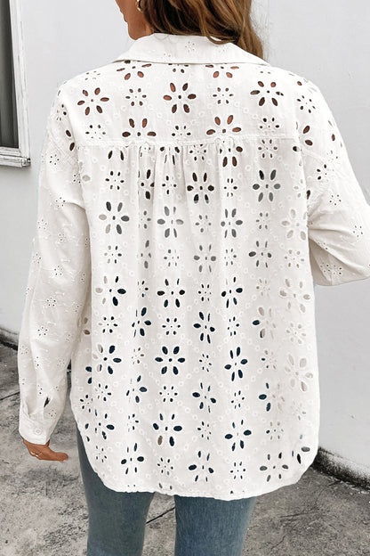 Solid Eyelet Flower Pattern Button Down Loose Shirt