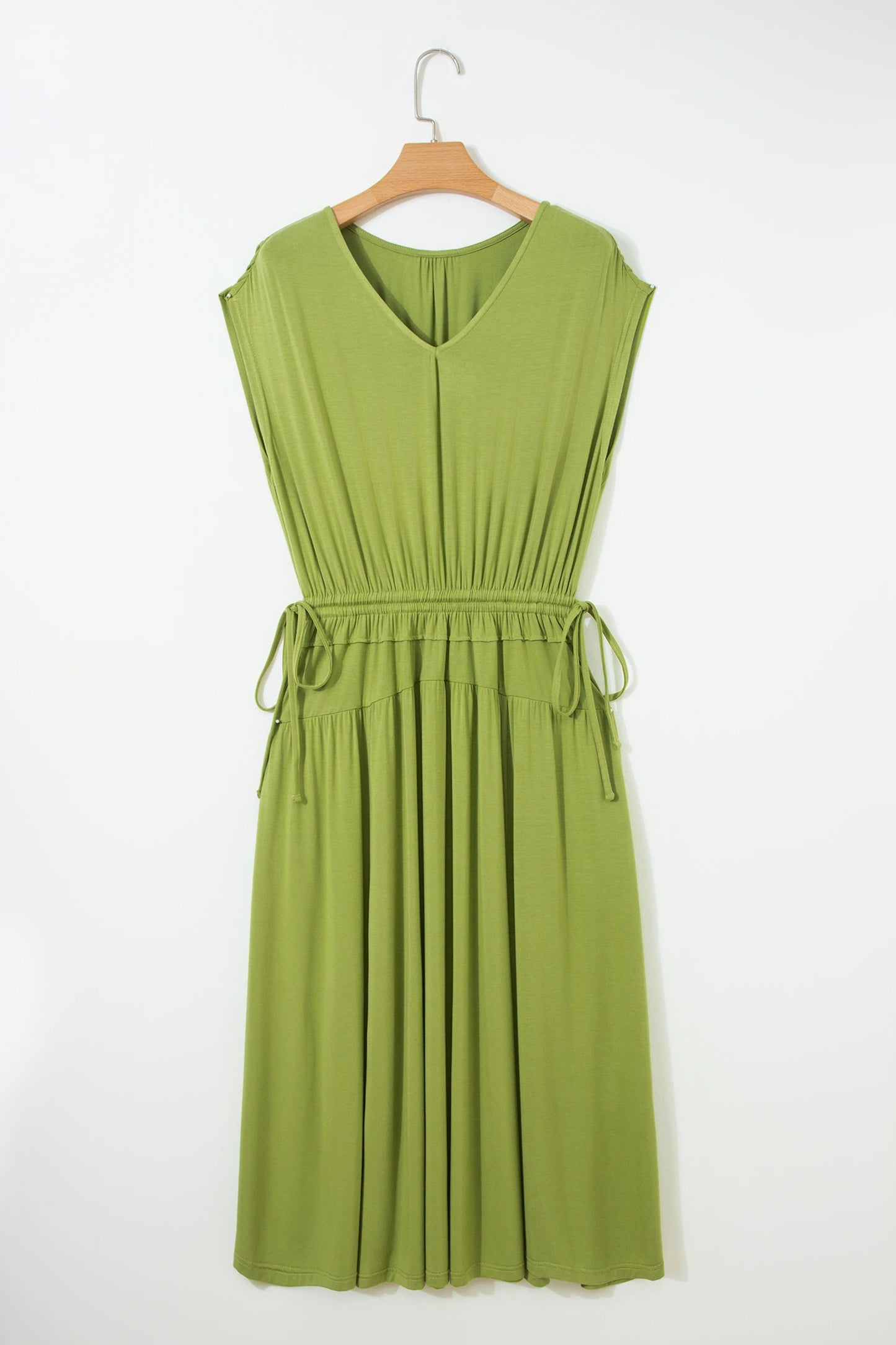 Fern Green Solid V Neck Cap Sleeve Tunic Elastic Waist Versatile Maxi Dress