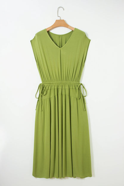 Fern Green Solid V Neck Cap Sleeve Tunic Elastic Waist Versatile Maxi Dress