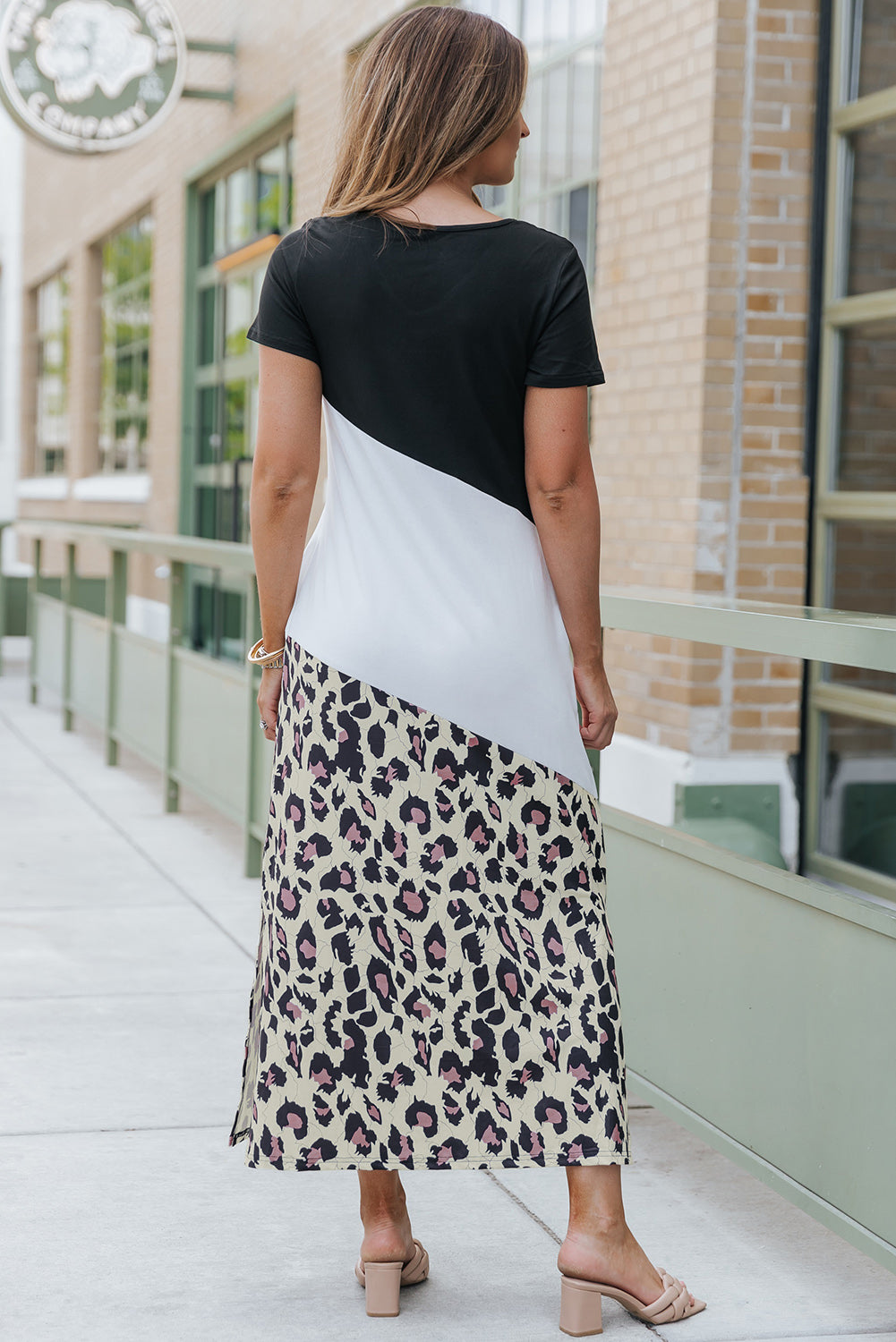 Leopard Color Block Side Slit T Shirt Maxi Dress