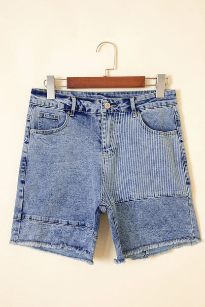 Sky Blue Striped Paisley Mixed Patchwork Raw Hem Denim Shorts