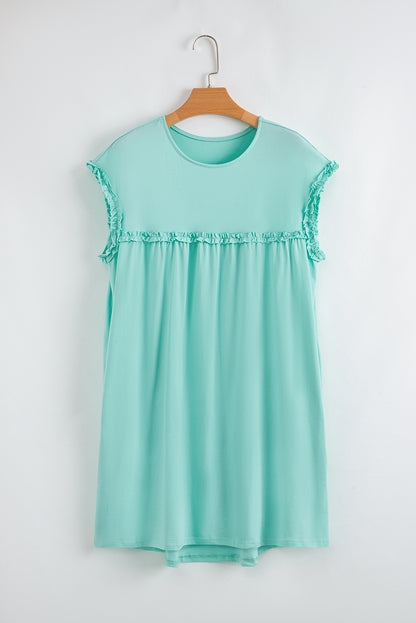 Frilled Trim Crew Neck Loose Fit Mini Dress