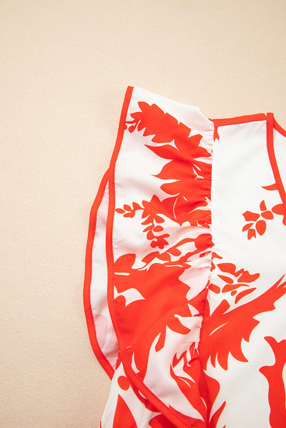 Red Floral Print Trimmed V Neck Ruffle Sleeve Long Dress