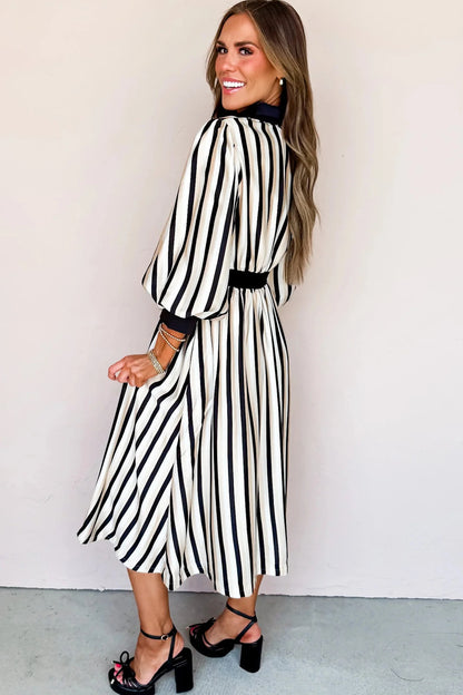 Black Stripe 3/4 Puff Sleeve Shirt Style Button Down Midi Dress