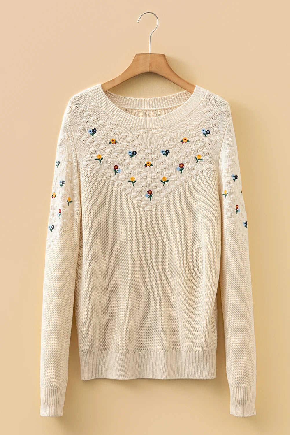 Jet Stream Mixed Texture Knit Flower Embroidered Detail Casual Sweater