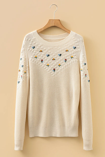 Jet Stream Mixed Texture Knit Flower Embroidered Detail Casual Sweater