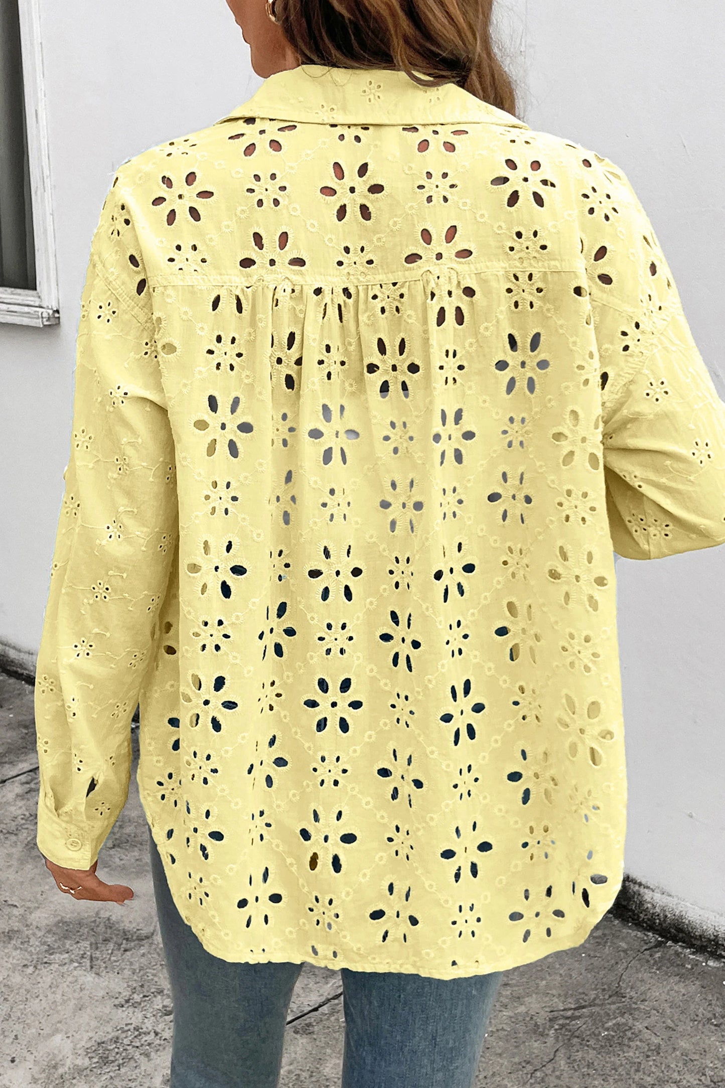 Solid Eyelet Flower Pattern Button Down Loose Shirt