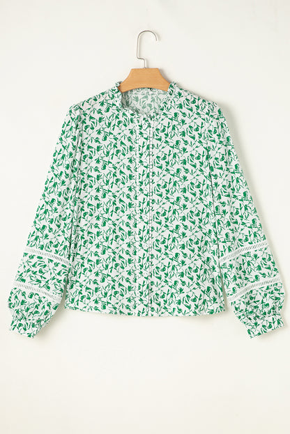 Printed Lace Detail Floral Puff Sleeve Fall Shirt