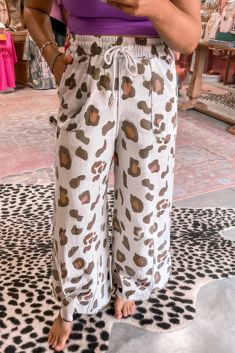 Drawstring Leopard Print Patch Pocket Loose Pants