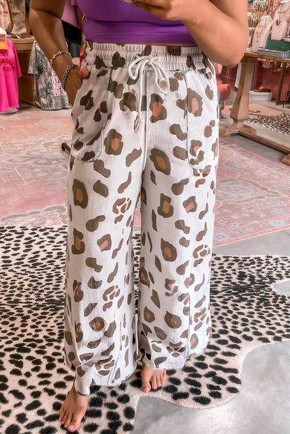 Drawstring Leopard Print Patch Pocket Loose Pants