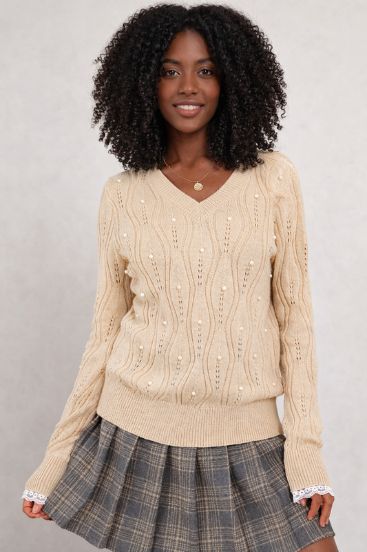 Smoke Gray Pearl Beaded Pointelle Knit V Neck Lace Patchwork Sleeve Sweater