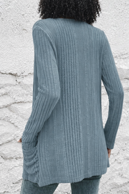 Ribbed Open Front Knitted Top with Pockets