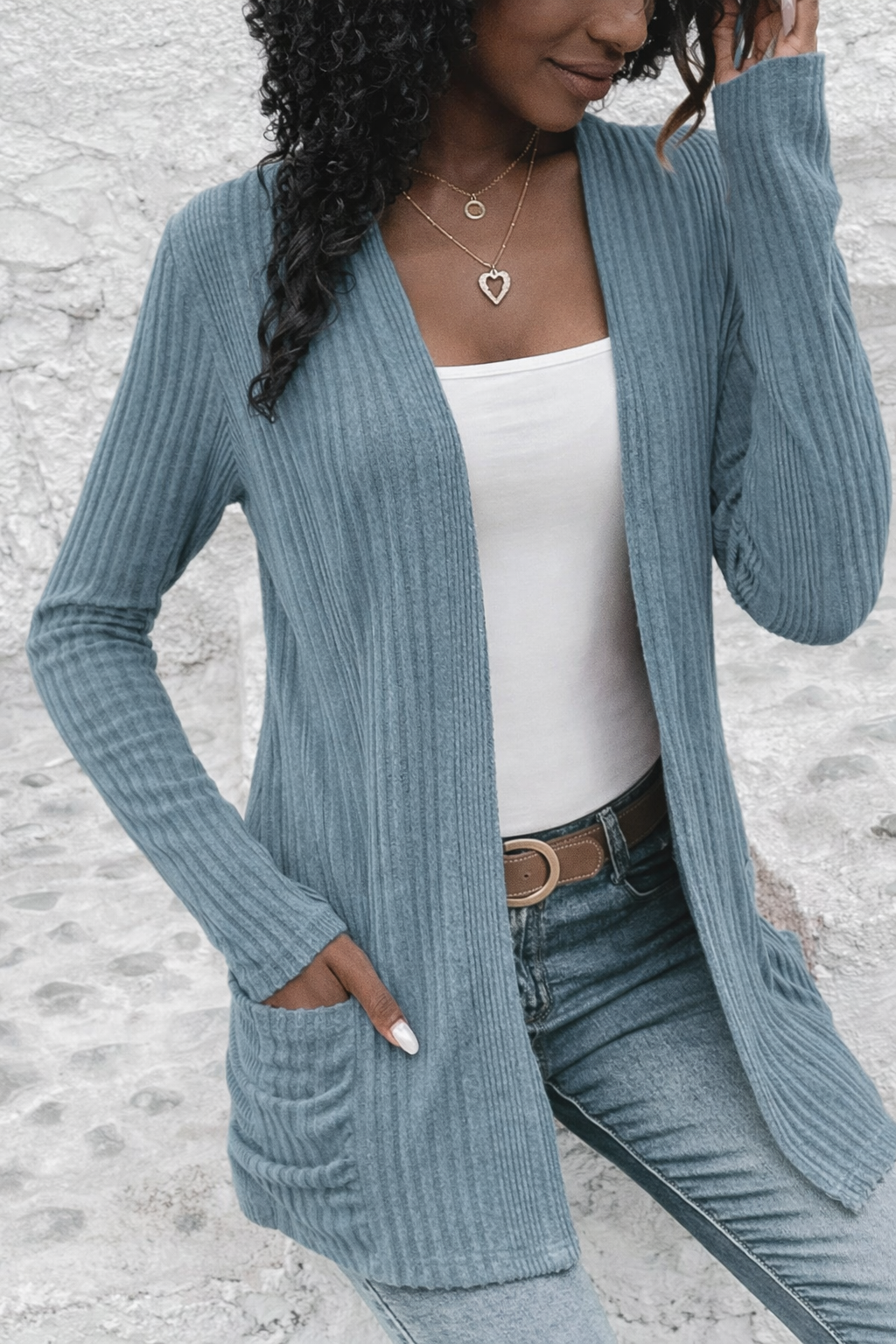 Ribbed Open Front Knitted Top with Pockets