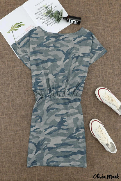 Gray Camouflage One Shoulder Short Sleeve Mini Dress