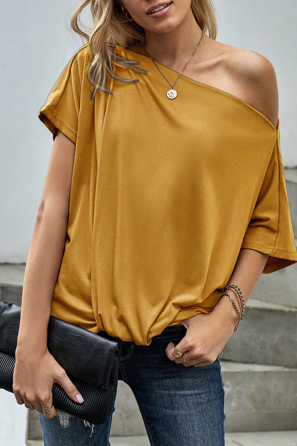 Yellow Off-The-Shoulder Slash Neck Casual Loose Fitting Top