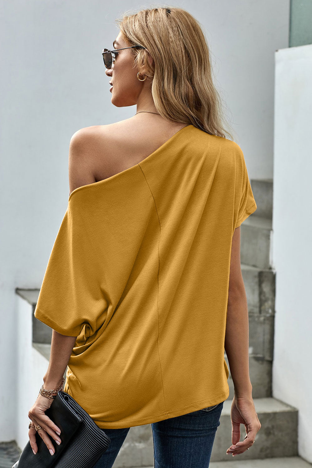 Yellow Off-The-Shoulder Slash Neck Casual Loose Fitting Top