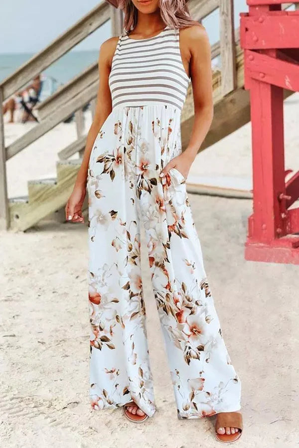White Striped Floral Jumpsuit
