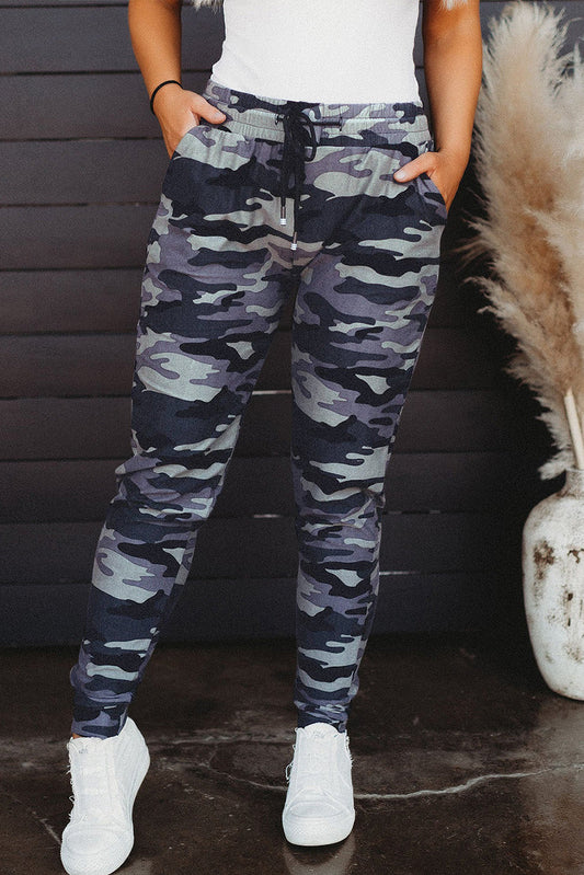 Black Camo Print Elastic Waist Drawstring Casual Joggers