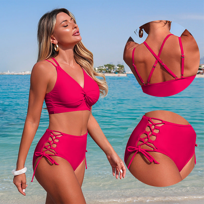 Lace-Up High-Waisted Bikini Set