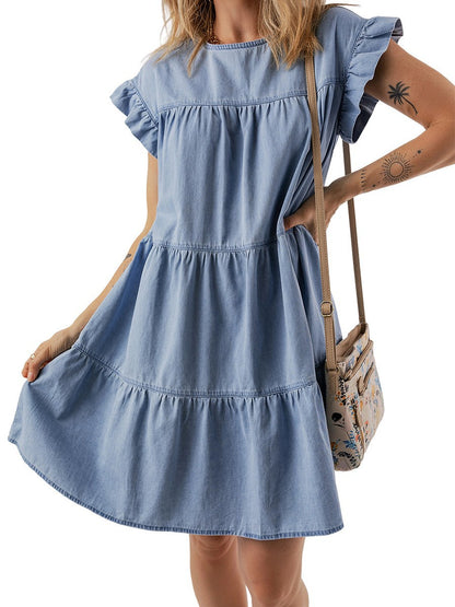 Beau Blue Ruffle Short Sleeve Tiered A-line Denim Dress