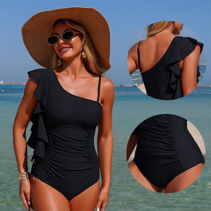 One-Shoulder Ruffle Ruched Swimsuit