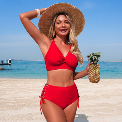 Lace-Up High-Waisted Bikini Set