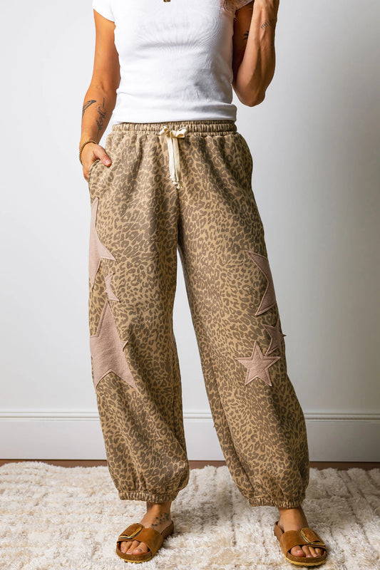 Leopard Print Star Patched Drawstring Elastic Waist Jogger Pants