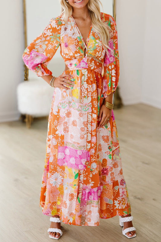 Orange Floral Patchwork Print Cut out Tied Back Bracelet Sleeve Maxi Dress