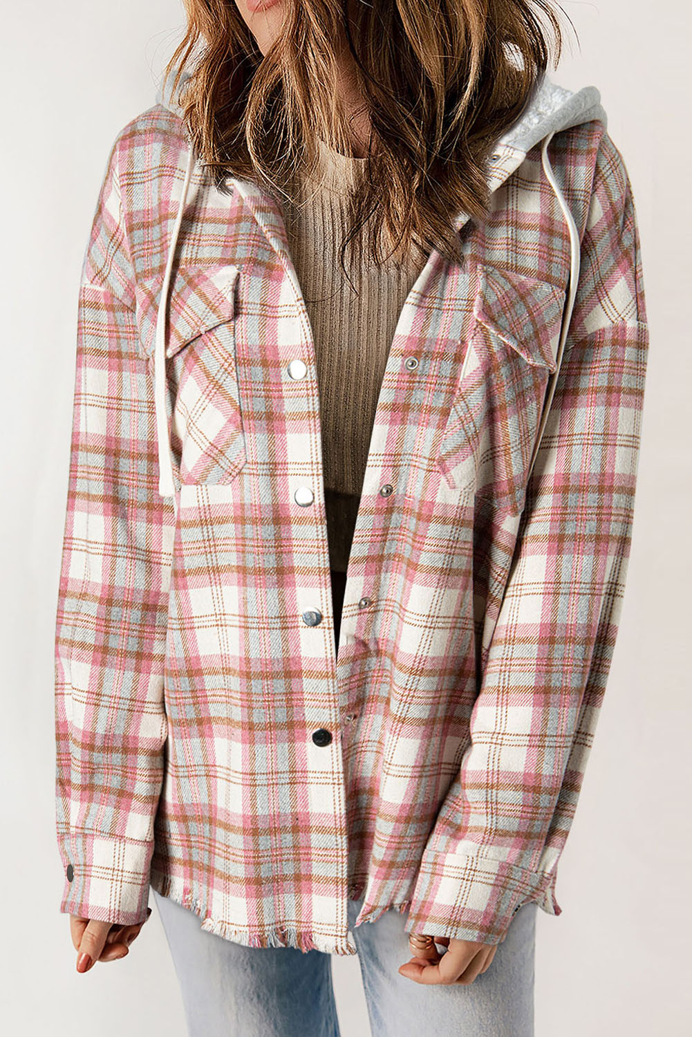 Multicolour Plaid Flap Pocket Hooded Raw Hem Jacket