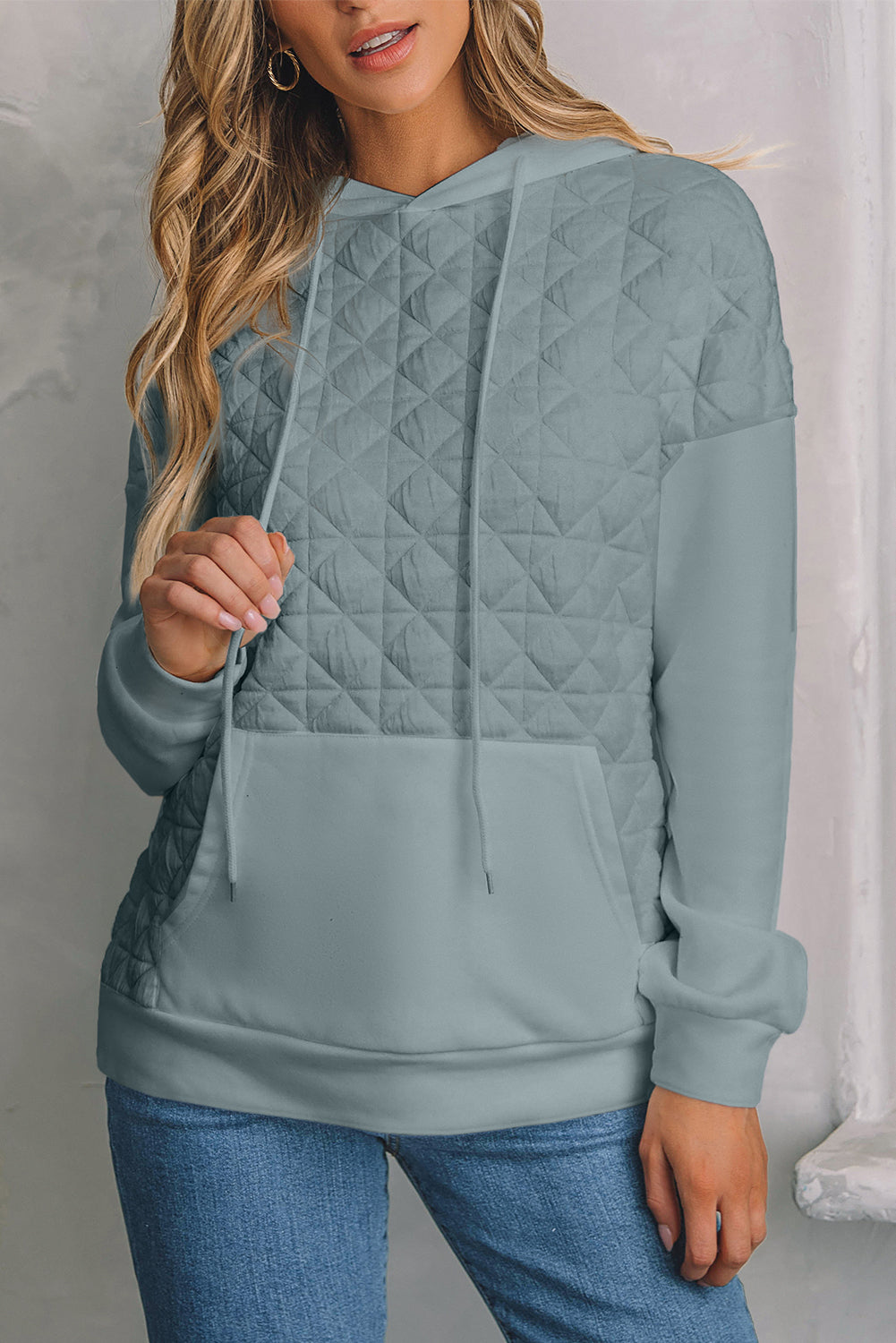 Drop Shoulder Quilted Patchwork Kangaroo Pocket Hoodie