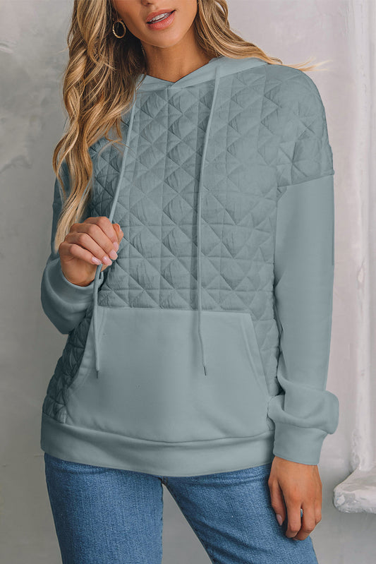 Drop Shoulder Quilted Patchwork Kangaroo Pocket Hoodie