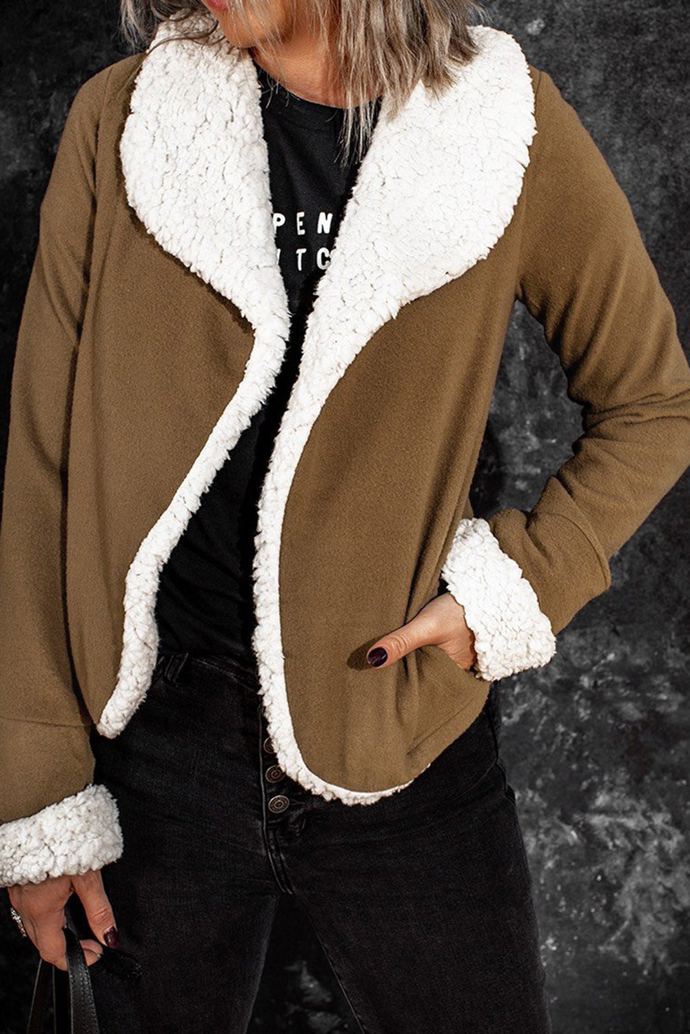 Brown Lapel Collar Fleece Open Front Coat