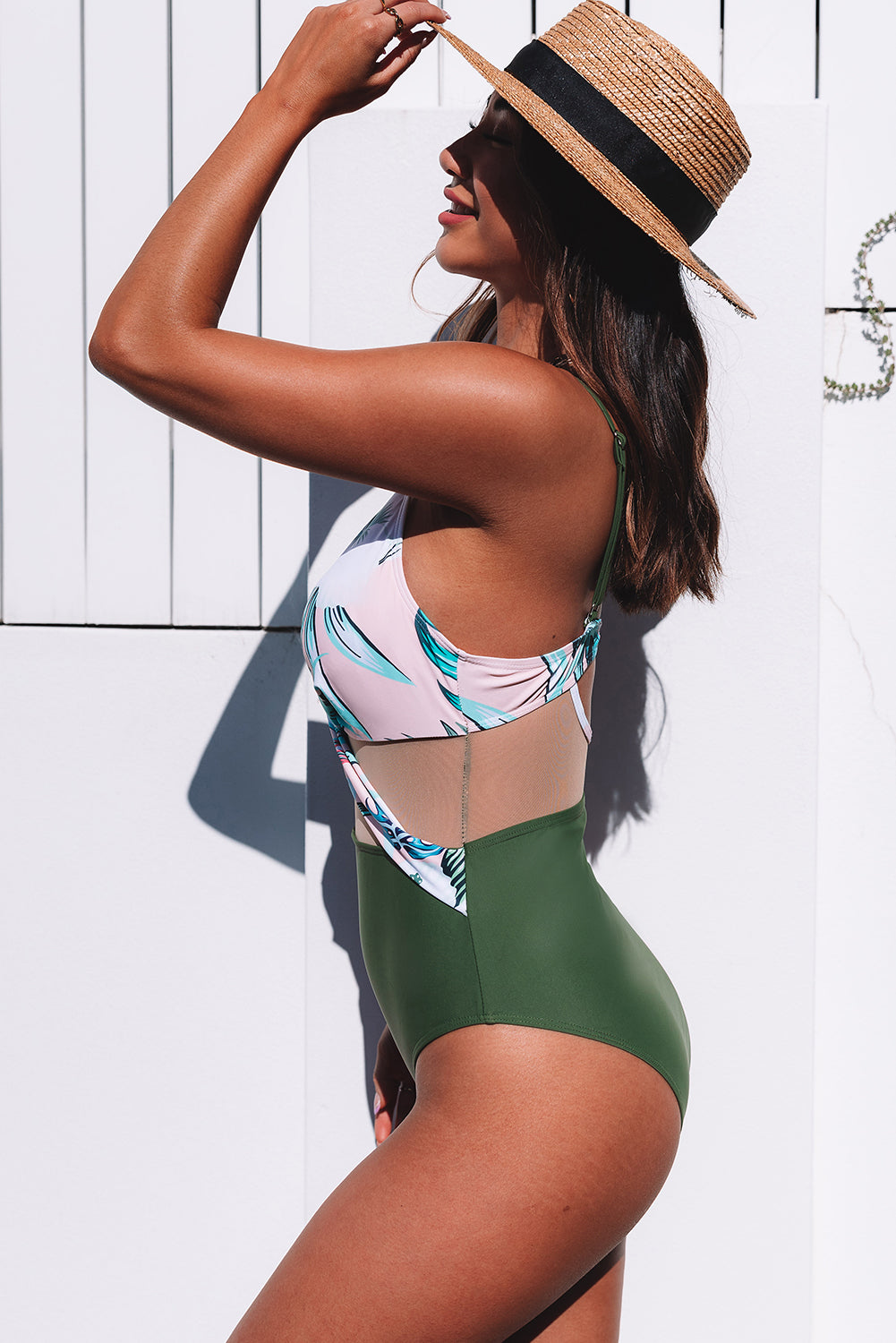 Green Crossed Tropical Print Mesh Splicing Hollow-out One-piece Swimwear
