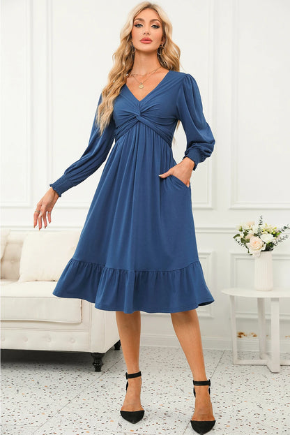 Sail Blue Solid Color Front Twist Puff Sleeve Ruffled Dress