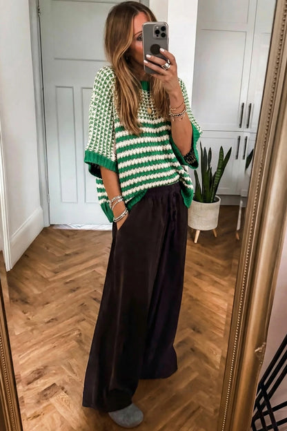 Stripe 3/4 Draped Sleeve Slouchy Sweater