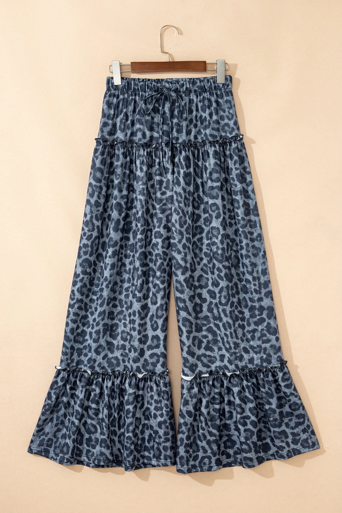 Gray Wild Leopard Print Frilled Detail Drawstring Wide Leg Pants