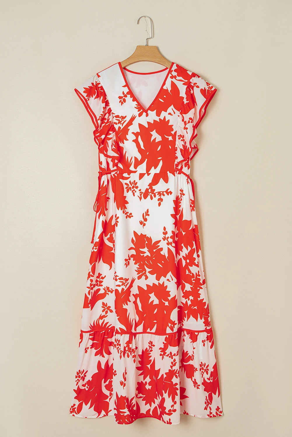 Red Floral Print Trimmed V Neck Ruffle Sleeve Long Dress
