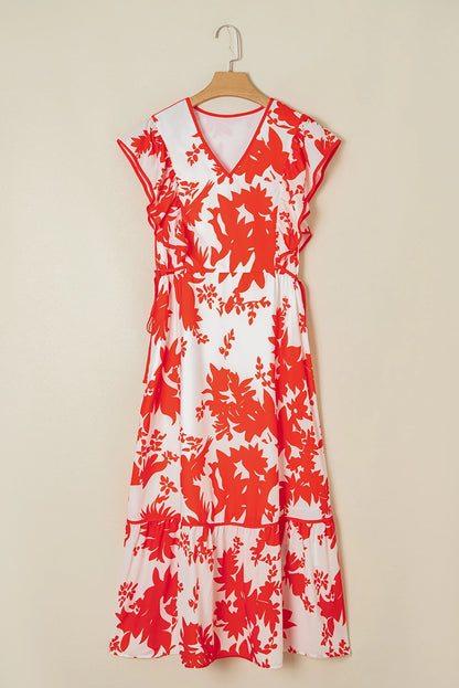 Red Floral Print Trimmed V Neck Ruffle Sleeve Long Dress