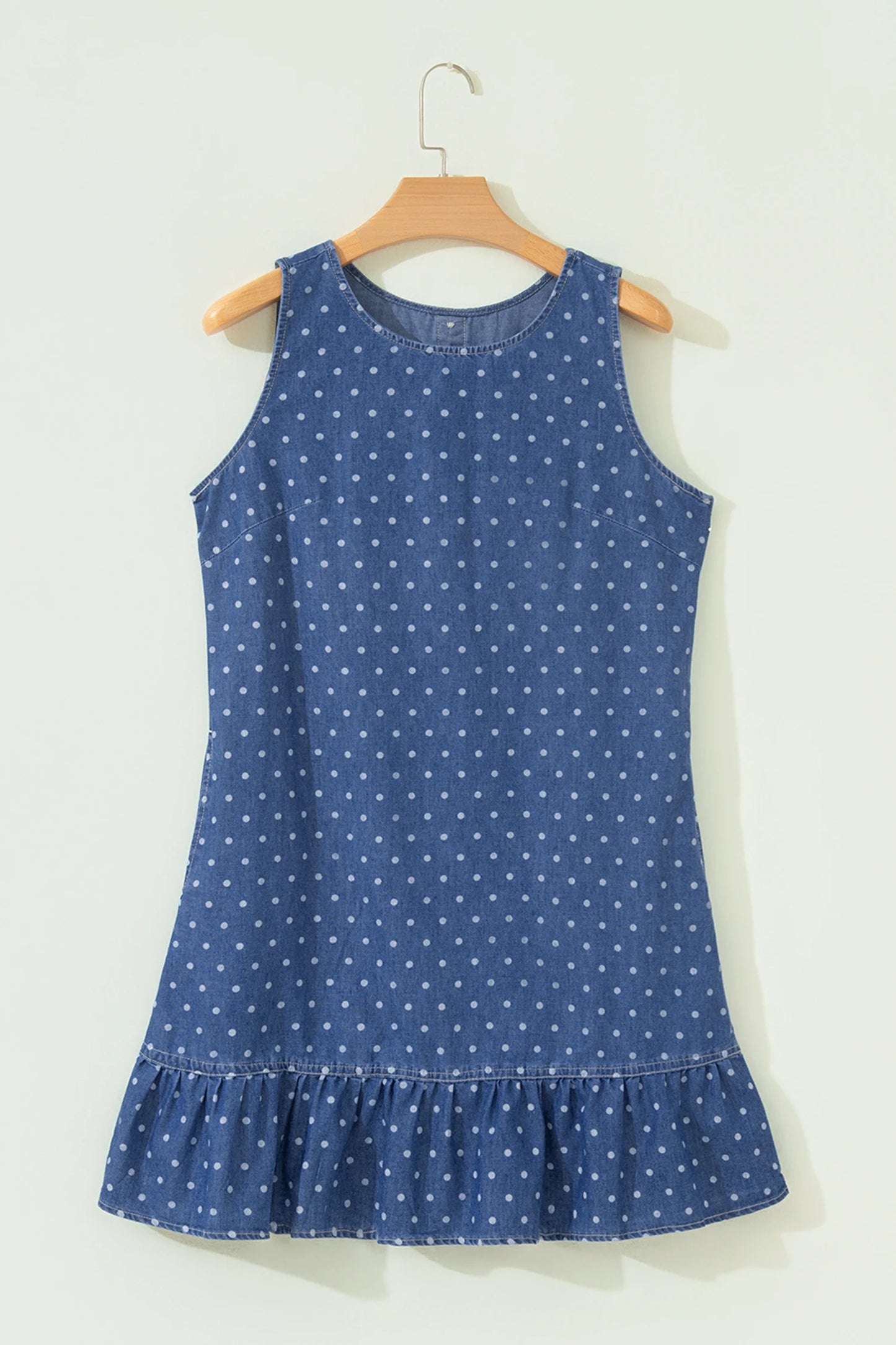 Blue Polka Dot Ruffle Hem Sleeveless Denim Mini Dress