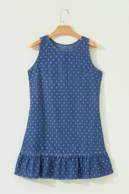 Blue Polka Dot Ruffle Hem Sleeveless Denim Mini Dress