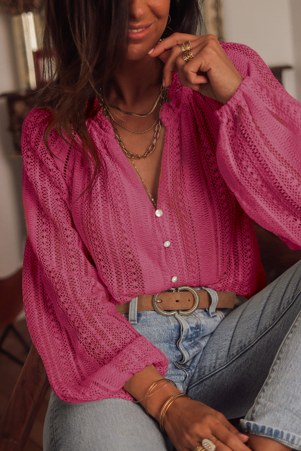 V-Neck Long Sleeve Button Up Lace Shirt