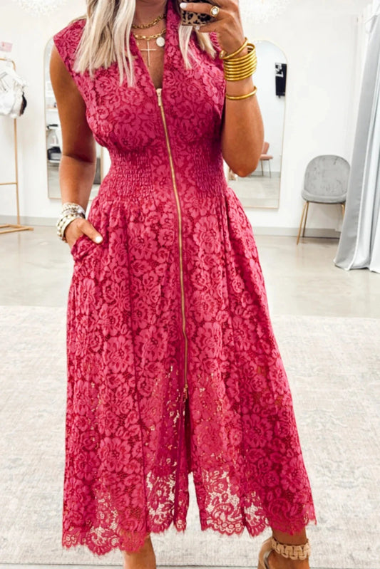 Coral Floral Lace Overlay Zip Up V Neck Smocked Waist Sleeveless Dress