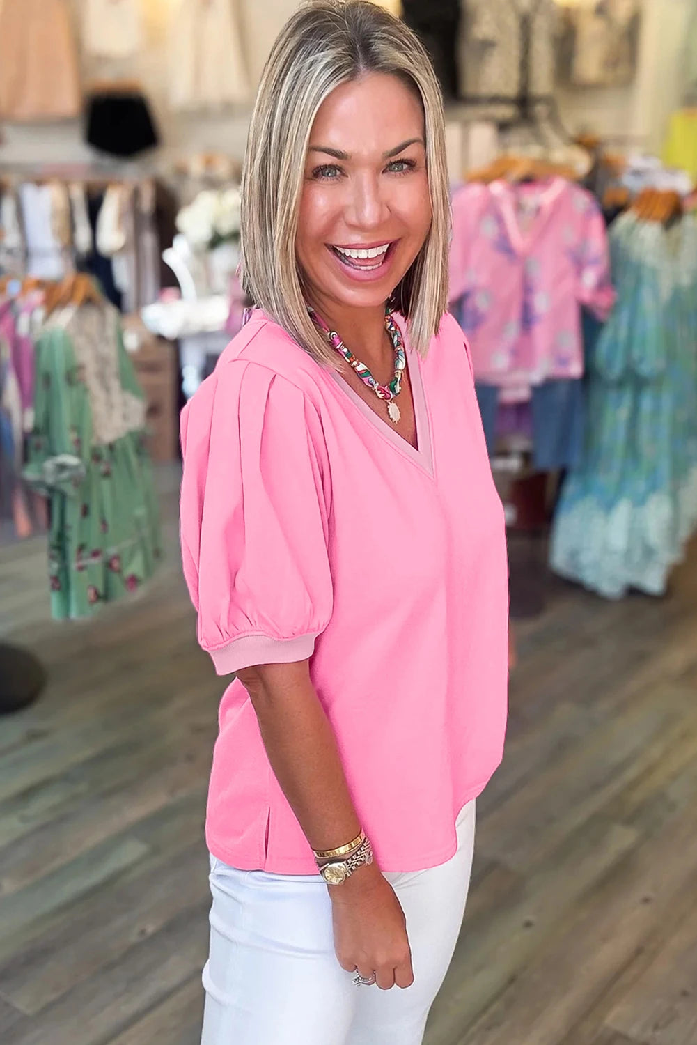 Bonbon Solid Color V Neck Short Puff Sleeve Blouse