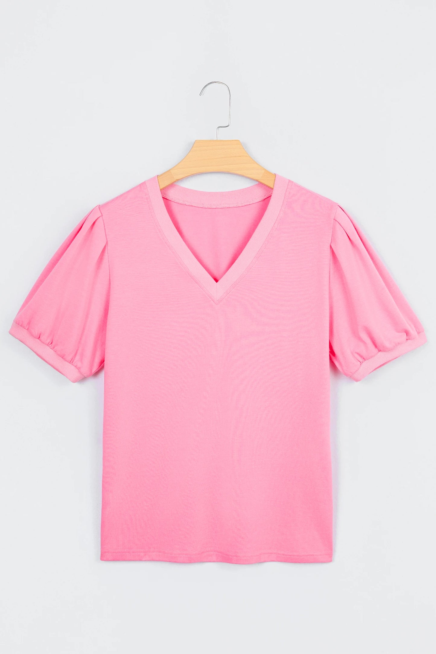 Bonbon Solid Color V Neck Short Puff Sleeve Blouse