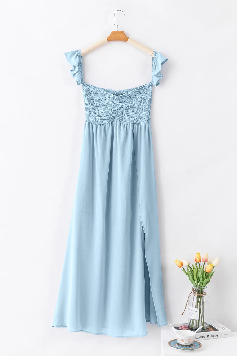 Sky Blue Off Shoulder Ruched Bust Sheer Slit Maxi Dress
