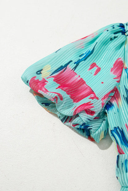 Sky Blue Abstract Print Short Puff Sleeve Tiered Maxi Dress
