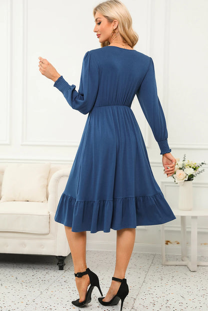 Sail Blue Solid Color Front Twist Puff Sleeve Ruffled Dress